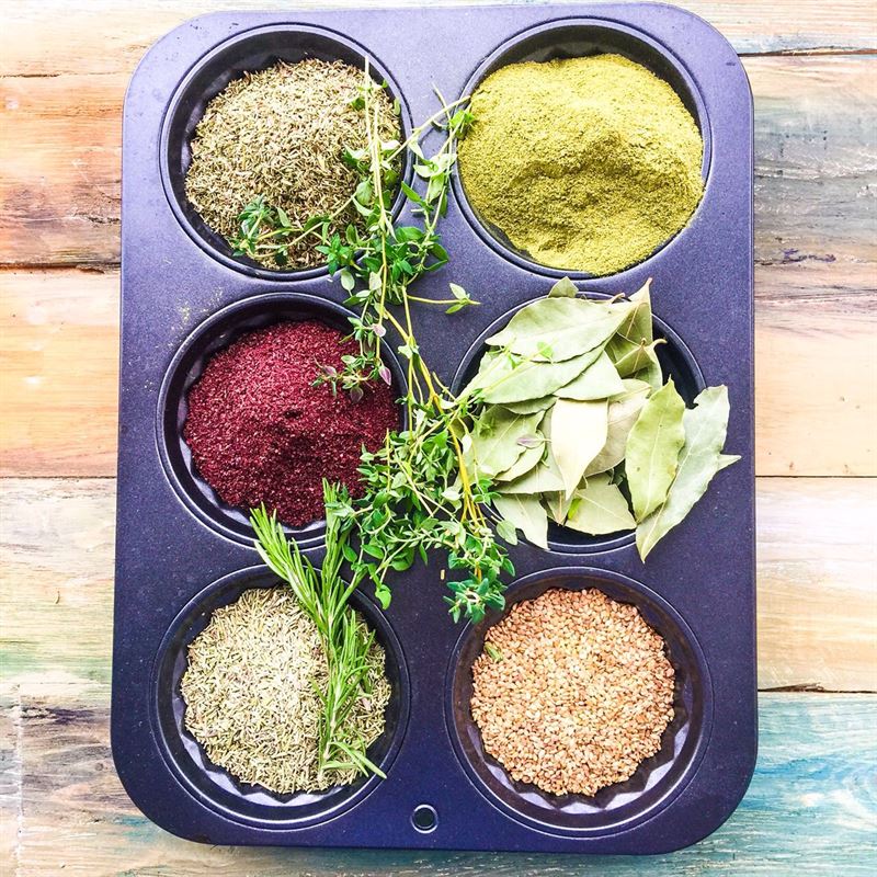 Various organic certified herbs, spices, medicinal and aromatic plants and fatty seeds